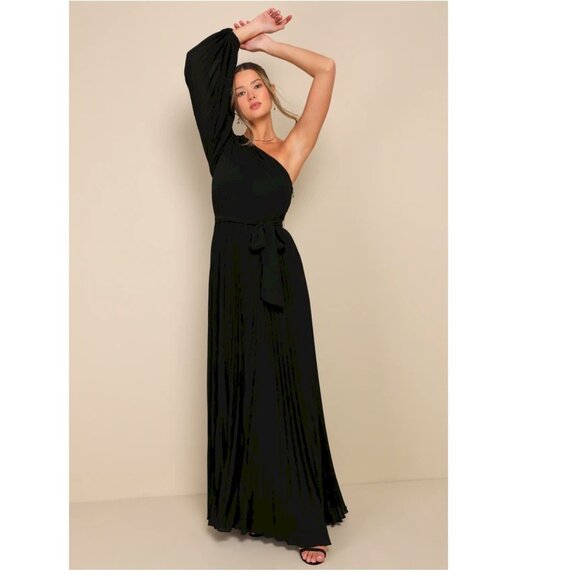 Lulus Divine Charm Black Pleated One-Shoulder Maxi Dress Size Small New NWT - Picture 2 of 14